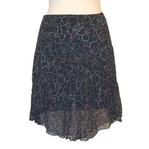Review Black Floral Red Cream Pattern Chiffon Asymmetric Hi-Low Layered Skirt -M